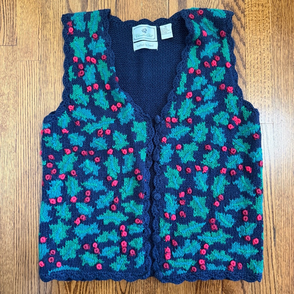 Chandler Hill Vintage Holly Berry Navy Sweater Vest Handknit Size Medium